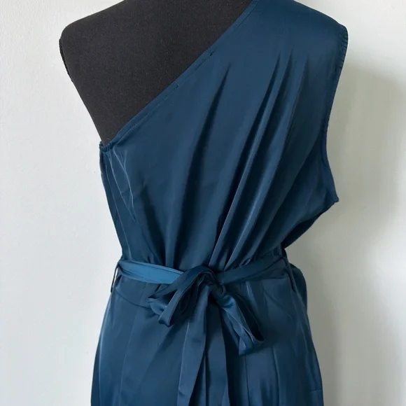 One-Shoulder Teal Blue Satin Dress - Picture 5 of 7